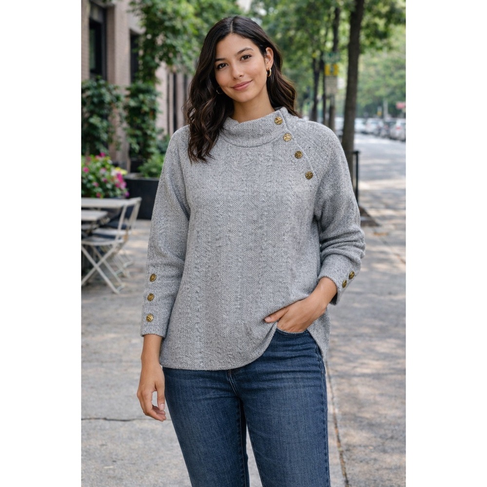 Soft Surroundings Women Gray Herringbone Mock Neck Button Detail Sweater L